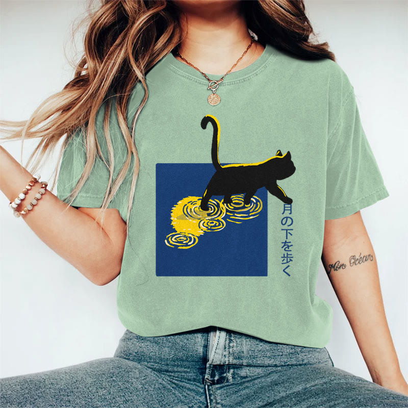 100% Cotton Women's Japanese Lonely Walking Black Cat Art Print Casual T-shirt - Green - 2XL - image 5