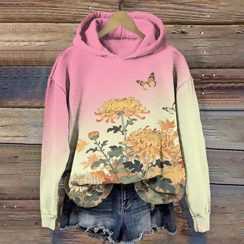 Japanese Lovely Chrysanthemum & Butterfly Art Print Long Sleeve Hoodie - Pink - US44-46(8XL) - image 6