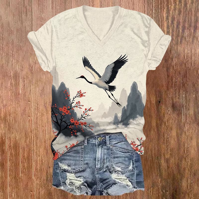 Vintage Crane Flying Across Mountain Art Print T-shirt - Beige - US32-34(5XL) - image 2