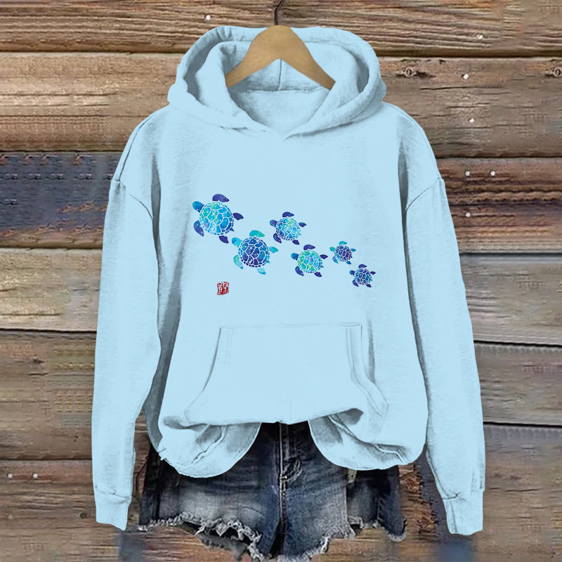 100% Cotton Cute Sea Turtle Print Women's Hoodie - Light Blue - 2XL - image 3