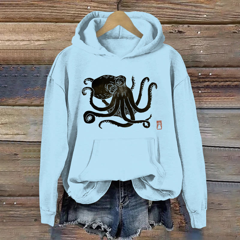 100% Cotton Octopus Print Women's Hoodie - Light Blue - 2XL - image 3