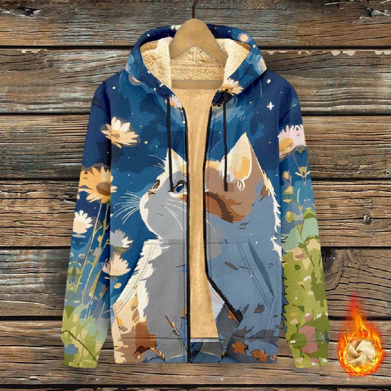 Women's Cute Comics Cat Surrounded By Sunflower Print Fleece Jacket - image 2