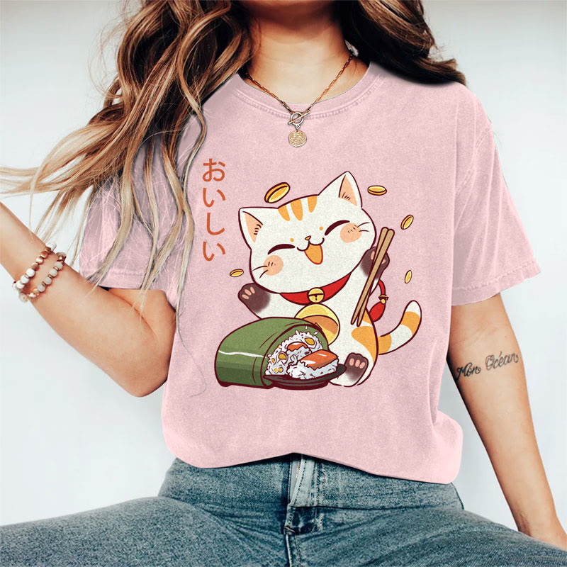 100% Cotton Women's Japanese Lucky Cat Eating Sushi Art Print Casual T-shirt - Pink - 2XL - image 2