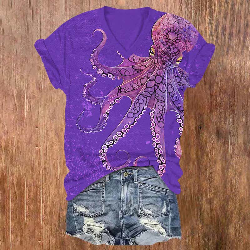 Vintage Dangerous Blue-ringed Octopus Print V-neck T-shirt - Purple - US32-34(5XL) - image 3