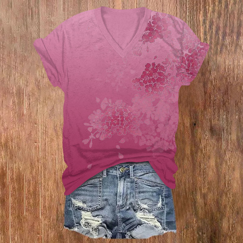 Watercolor Floral Print V-neck T-shirt - Rose - US32-34(5XL) - image 2