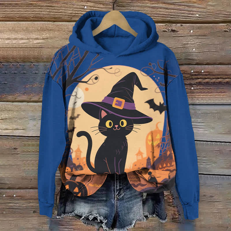 Halloween Lovely Wizard Black Cat Print Long Sleeve Hoodie - Blue - US44-46(8XL) - image 2