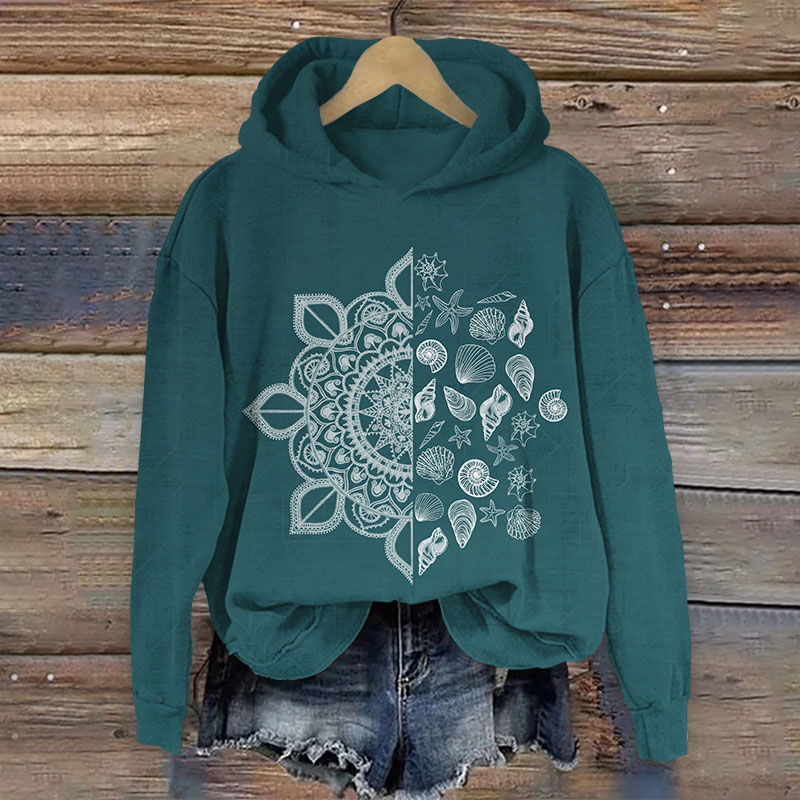 Creative Splicing Floral Shells Art Print Long Sleeve Hoodie - Olive Green - US44-46(8XL) - image 2