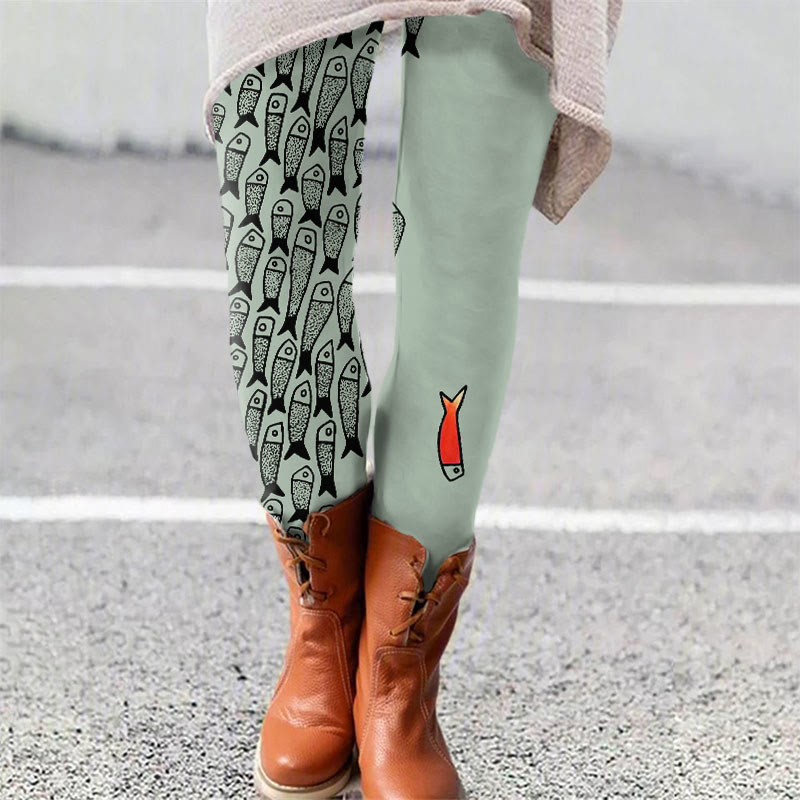 Cute Simple Lines Abstract Geometric Fish Art Print Leggings - Light Green - 5XL - image 3