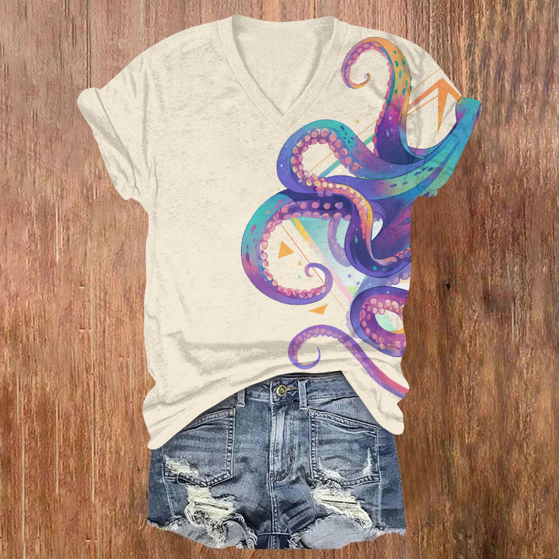 Watercolor Ombre Rainbow Octopus Art Print V-neck T-shirt - Apricot - US32-34(5XL) - image 2