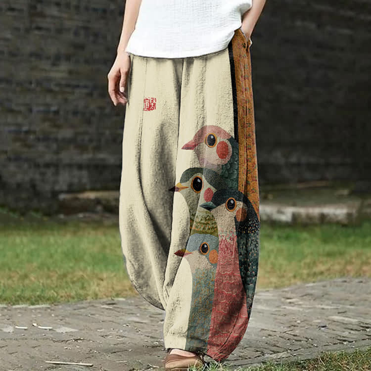 Japanese Retro Rainbow Birds Pattern Print Casual Bloomers Pants - Apricot - US18(5XL) - image 5