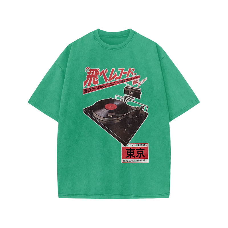 Vintage Japanese Phonograph Print Acid Washed T-shirt - Green - US20-22(3XL) - image 6