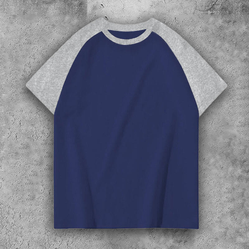 100% Cotton Contrast Solid Color Raglan Sleeve T-shirt - Gray+navy blue - 3XL - image 7
