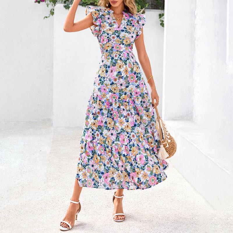 Hippie Vacation Wildflower Print V-neck Ruffle Sleeves Maxi Dress - image 3