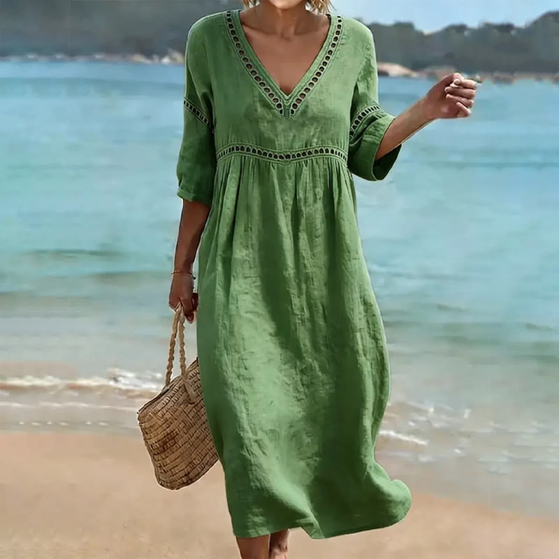 Elegant Solid Openwork Lace V-neck Half Sleeve Maxi Dress - Green - 3XL - image 6