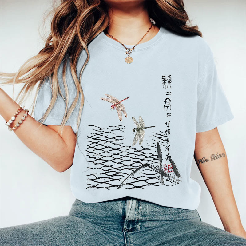 100% Cotton Women's Japanese Ink Painting Dragonfly Art Print Casual T-shirt - Blue - 2XL - image 8