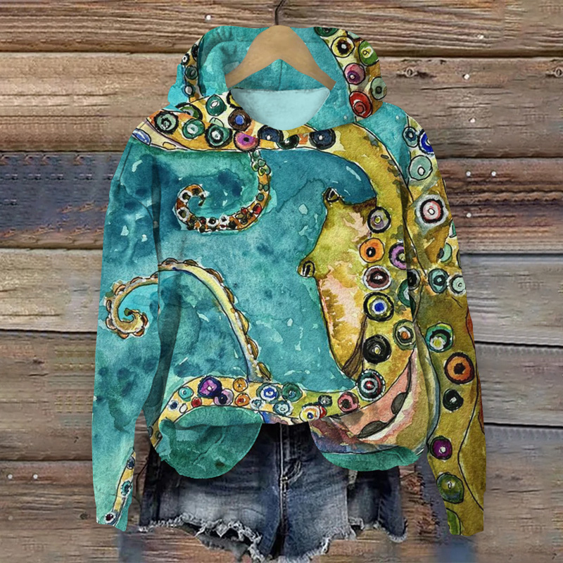 Japanese Style Cartoon Octopus Print Long Sleeve Hoodie - Green - 8XL - image 1