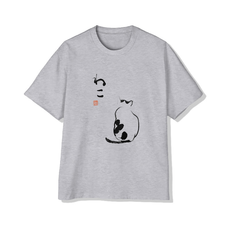 Unisex Japanese Art Cat Short Sleeve Crew Neck T-shirt - Grey - 2XL - image 3