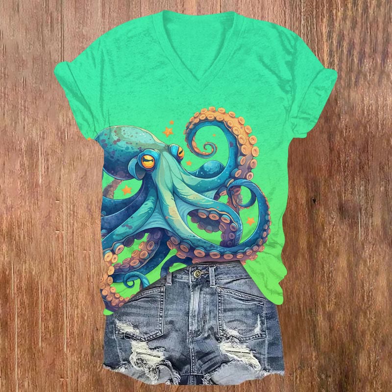 Vintage Funny Ombre Octopus Art Print T-shirt - Green - US32-34(5XL) - image 2