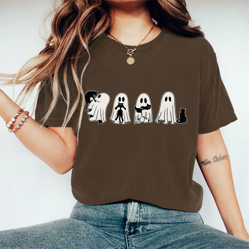 100% Cotton Halloween Ghost Playing With Cats Art Print T-shirt - Coffee - 2XL - image 2