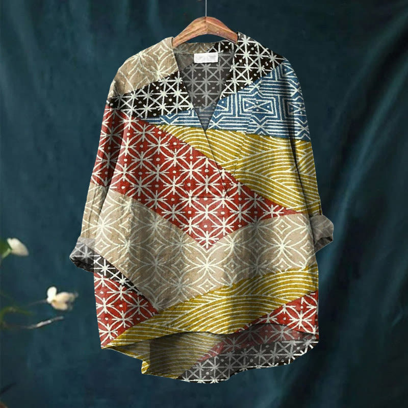 Women's Colorful Geometic Striped Pattern Printed Casual V-neck Blouse - image 2