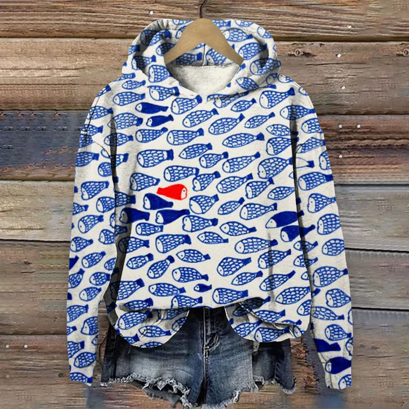 Simple Line Fish Print Long Sleeve Hoodie - Blue - 8XL - image 1