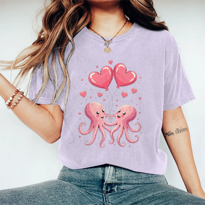 100% Cotton Valentine's Day Octopus Heart T-shirt - Purple - 2XL - image 9