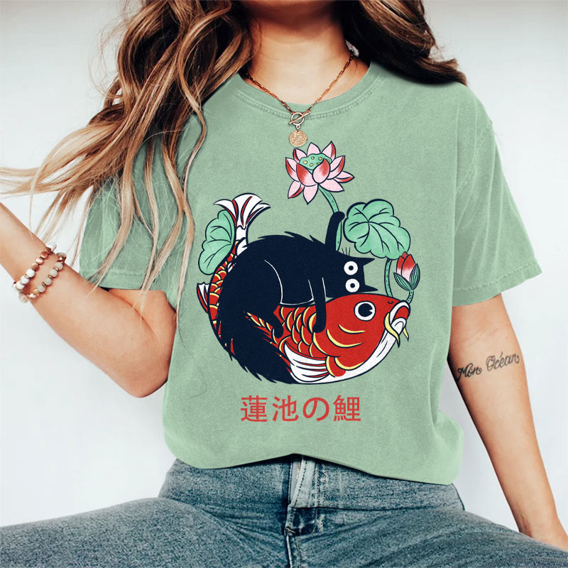 100% Cotton Women's Japanese Lotus Pond Koi & Black Cat Art Print Casual T-shirt - Green - 2XL - image 3