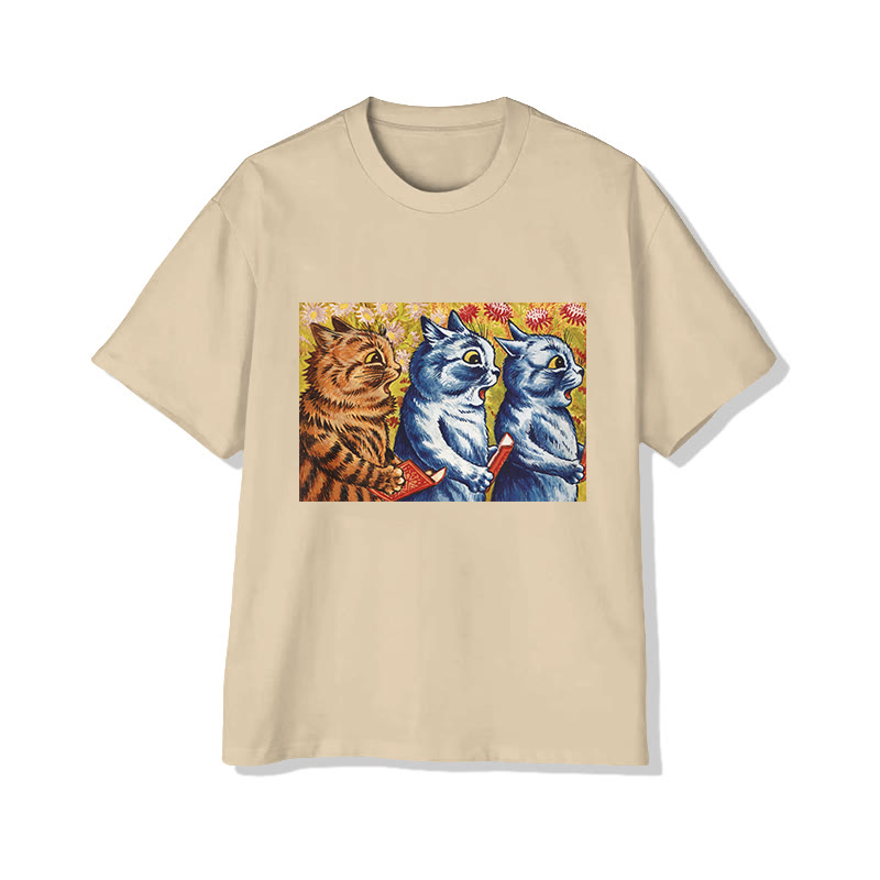 Three Cats Print Short Sleeved Crew Neck T-shirt - Apricot - 2XL - image 3