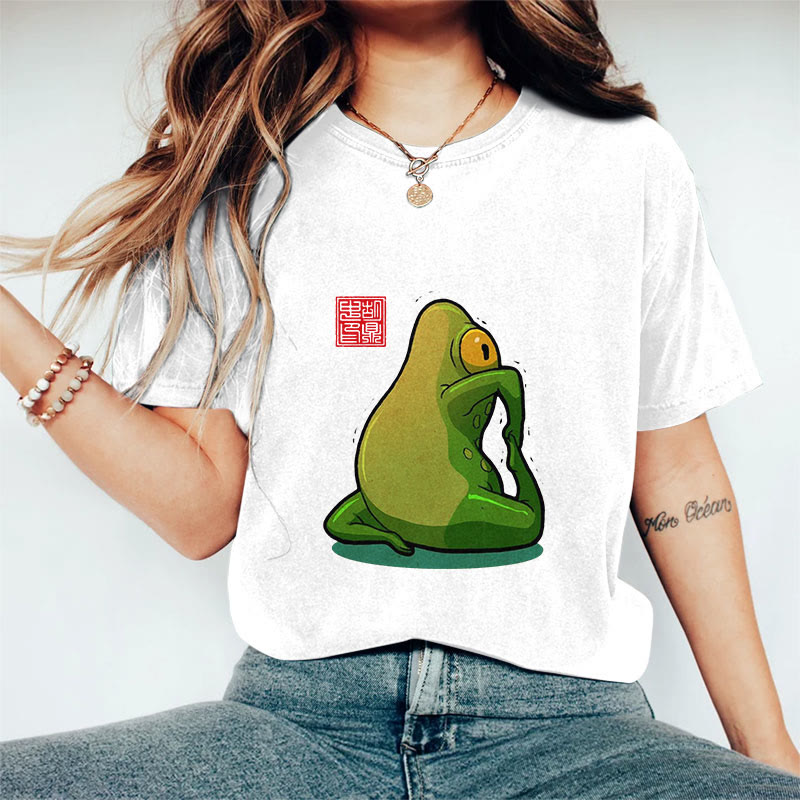 100% Cotton Funny Frog Yoga Art Print Casual T-shirt - White - 2XL - image 5