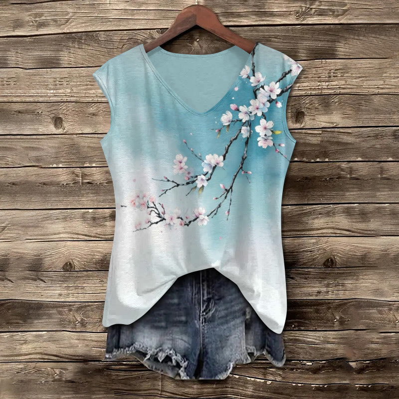 Japanese Ink Painting Flowers Print V-neck Tank Top - image 2