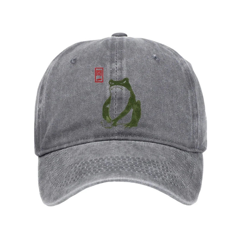 Unisex 100% Cotton Woodblock  Print Frog Vintage Print Cap - Grey - one size - image 4