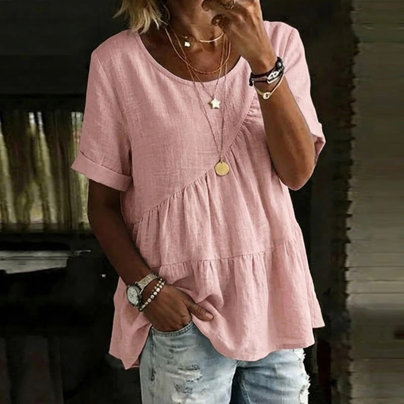 Elegant Solid Round Neck Short-sleeve Asymmetrical Ruffle Hem Blouse - Pink - 3XL - image 5