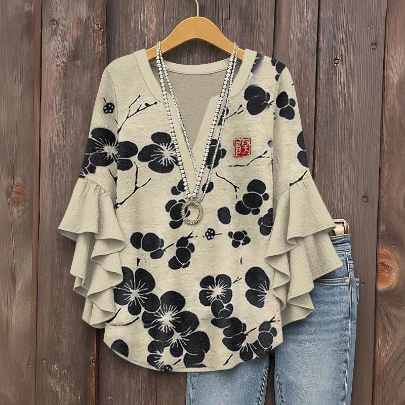 Cherry Blossom Japanese Lino Art Vintage Print V-neck Half Sleeve Blouse - Black - 5XL - image 3