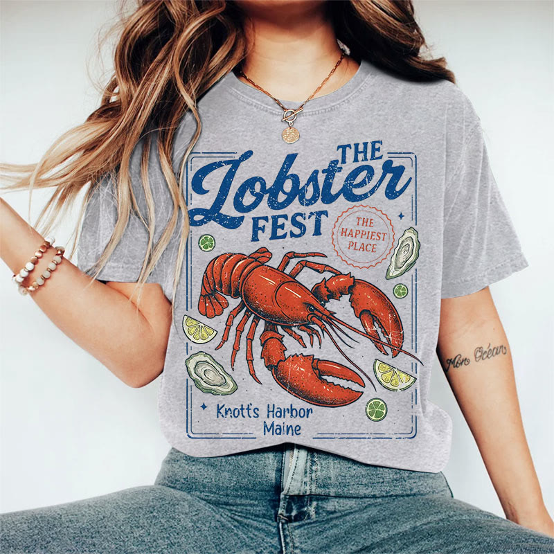 100% Cotton Women's The Lobster Fest Art Print Casual T-shirt - Grey - 2XL - image 4