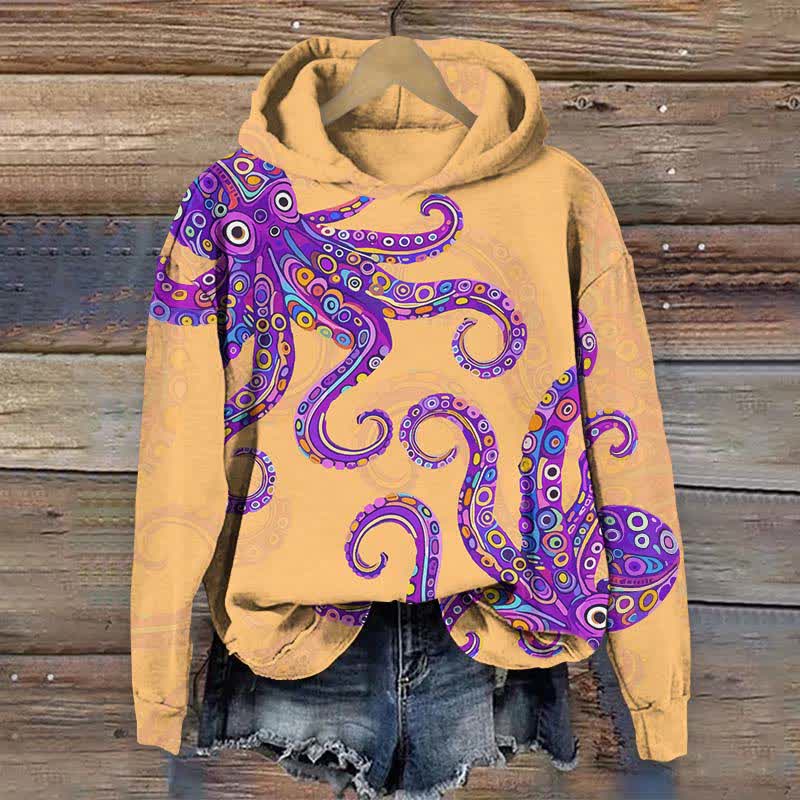 Vintage Funny Geometric Pattern Octopus Print Long Sleeve Hoodie - Orange - US44-46(8XL) - image 2