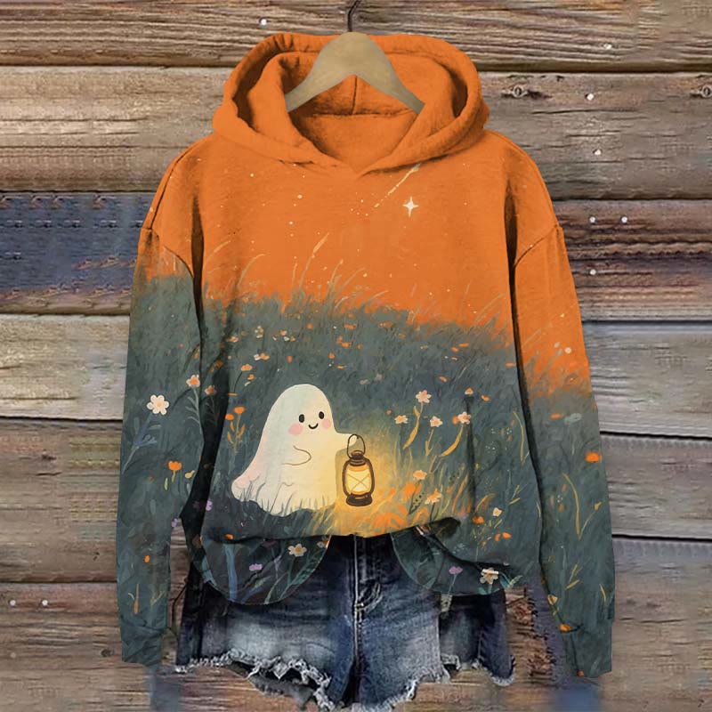 Halloween Lovely Ghost Holding Kerosene Lamp Print Long Sleeve Hoodie - Orange - US44-46(8XL) - image 3