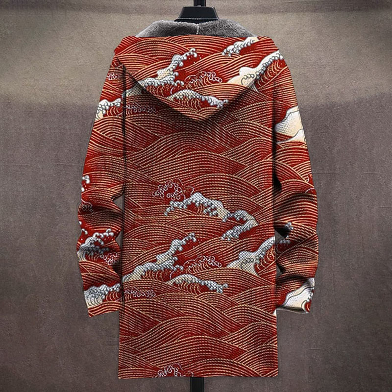 Retro Japanese Red Wave Ripple Print Unisex Plush Thick Long-sleeved Fleece Jacket - image 2