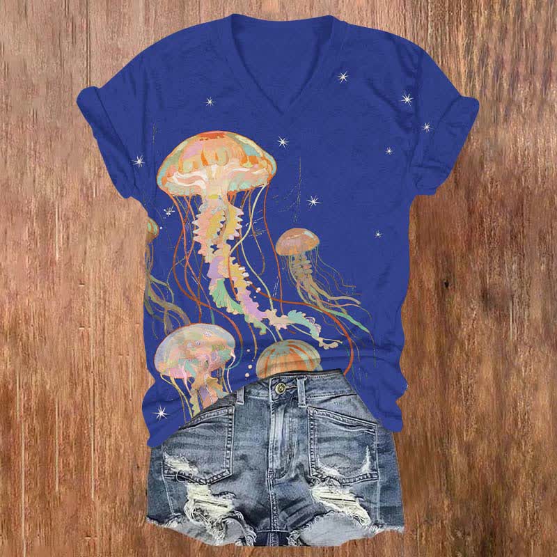 Creative Starry Rainbow Jellyfish Art Print V-neck T-shirt - Blue - US32-34(5XL) - image 2