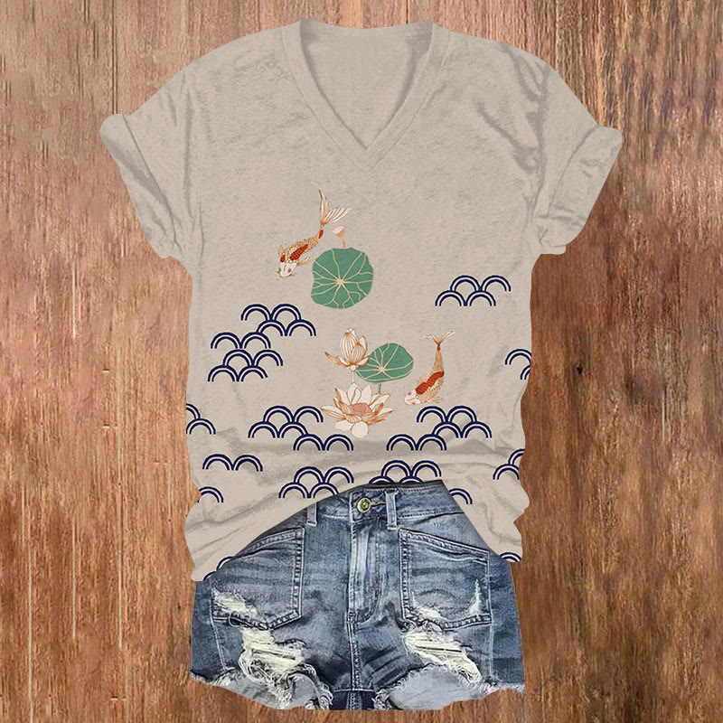 Retro Japanese Style Goldfish Lotus And Waves Simple Art Print T-shirt - Apricot - US32-34(5XL) - image 3