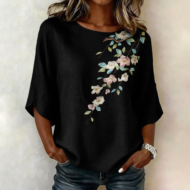 Floral Branch Print Half Sleeve Casual Blouse - Black - 4XL - image 7