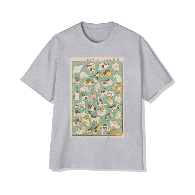Unisex Japanese Cute Cats In Various Poses Art Pattern Cotton Print T-shirt - Grey - US20-22(3XL) - image 4