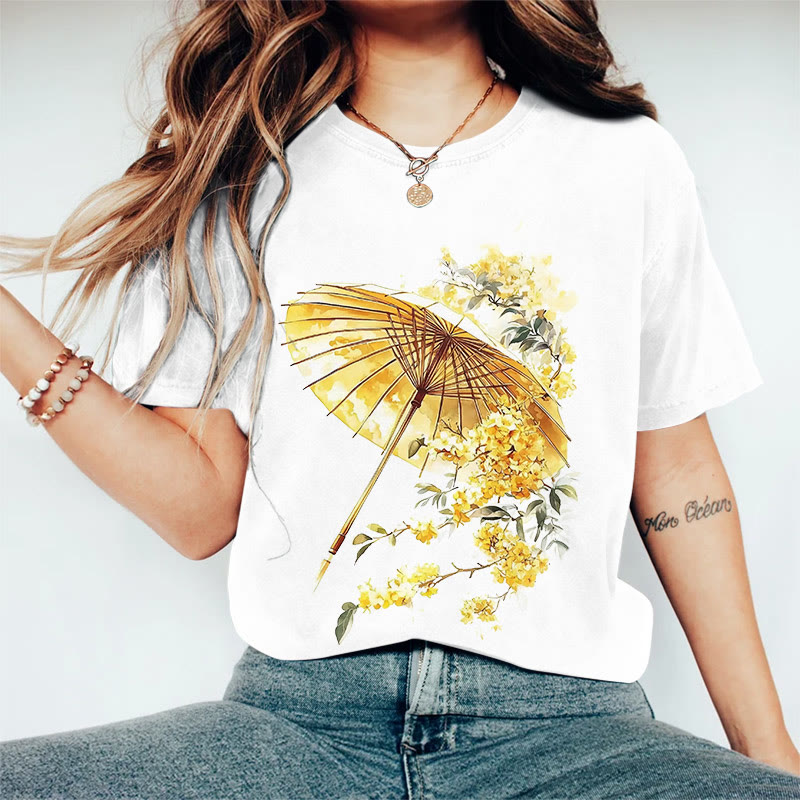 100% Cotton Women's Japanese Style Floral Umbrella Art Print Casual T-shirt - White - 2XL - image 5