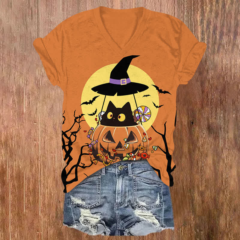 Halloween Cat In Pumpkin Hot Air Balloon Print V-neck T-shirt - Orange - US32-34(5XL) - image 2