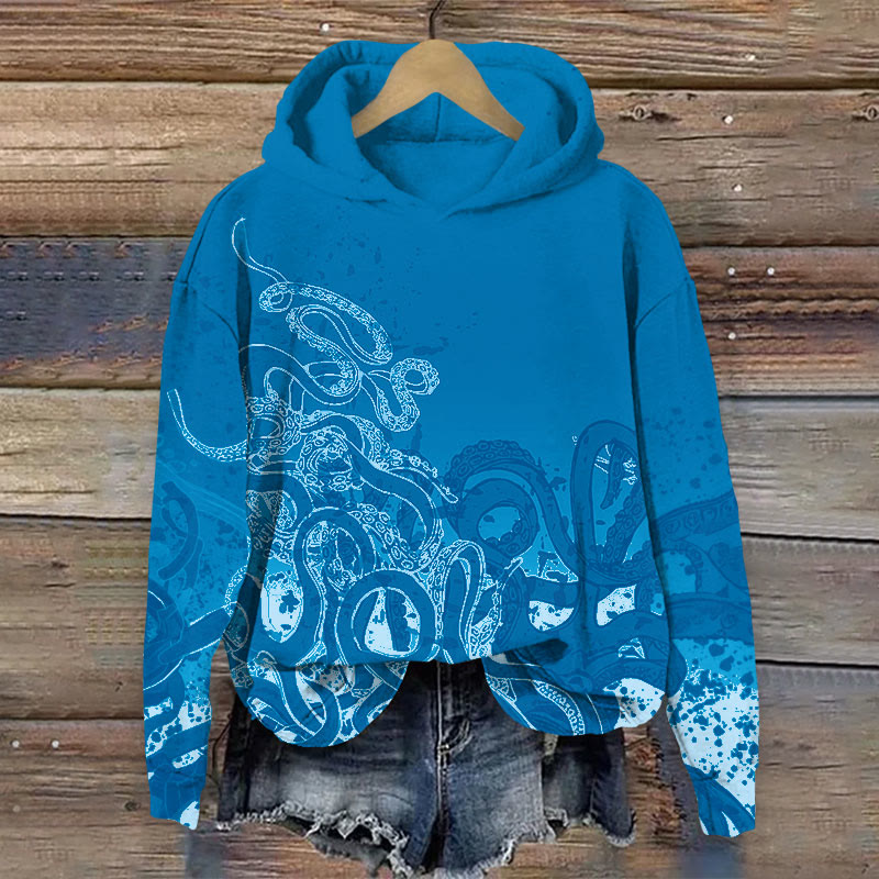 Octopus Print Long Sleeve Hoodie - Navy Blue - US44-46(8XL) - image 2