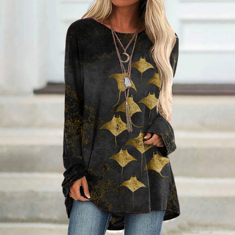 Vintage Manta Ray Art Print Casual Long Sleeve Tunic - Golden - 8XL - image 6