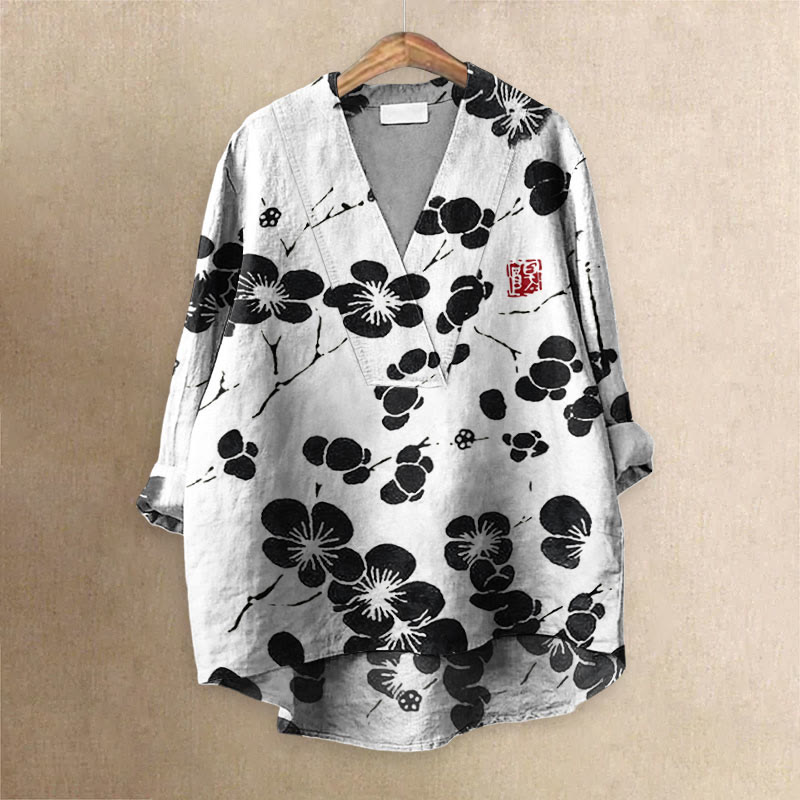 Cherry Blossom Japanese Lino Art Vintage Printed Casual V-neck Blouse - White - 6XL - image 5