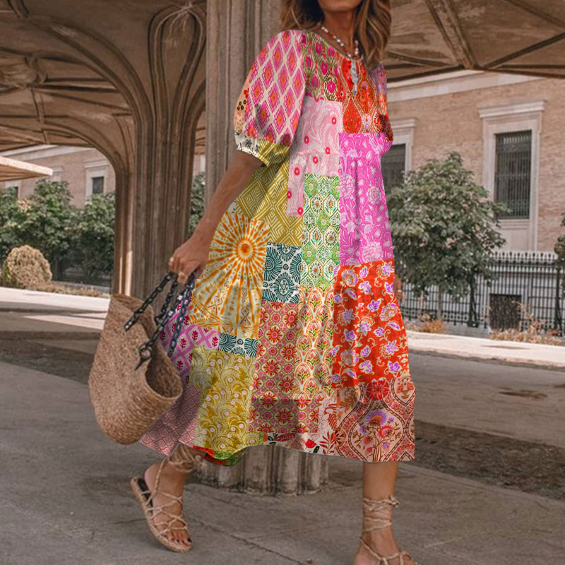 Summer Vacation Boho Multicolor Floral Art Patchwork Print Casual Loose Dress - Red - 5XL - image 3