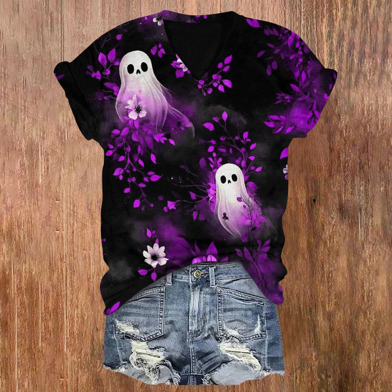 Ghost In The Flowers Halloween Print V-neck T-shirt - Purple - US32-34(5XL) - image 3
