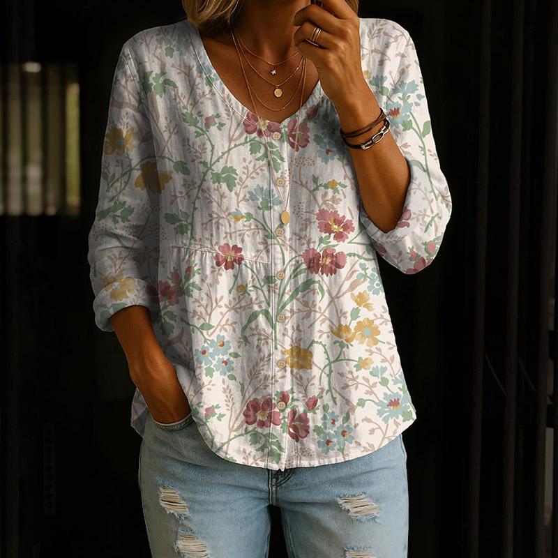 Retro Floral Art Print Button V-neck A-line Long Sleeve Blouse - Beige - 4XL - image 1