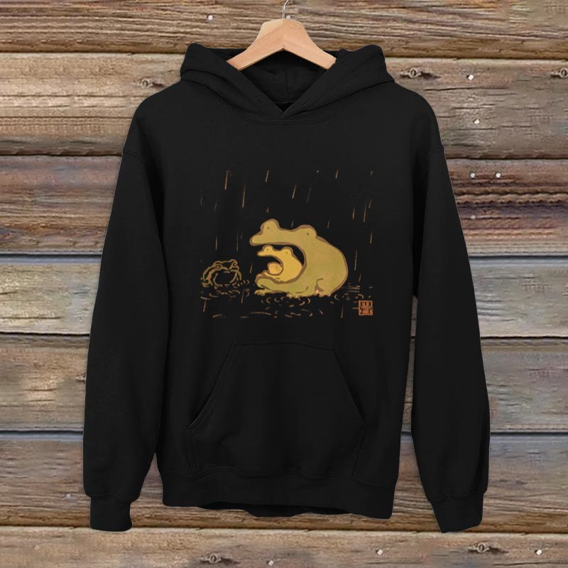100% Cotton Japanese Cute Rain Frog Print Casual Hoodie